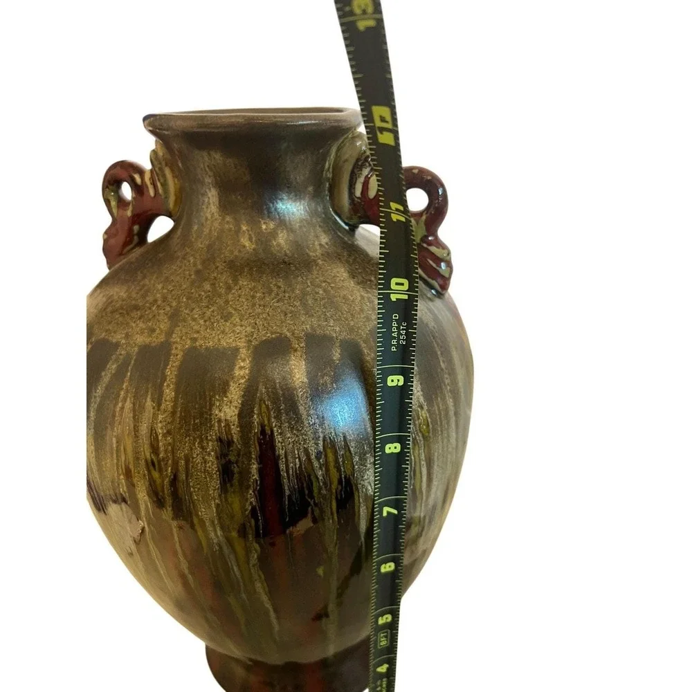 Vtg‎ Vase Ceramic Drip Glaze Metallic Gold Red Olive Swirl Handles Mystique 12in
